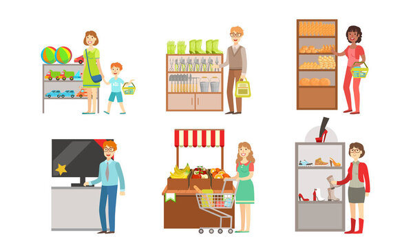 Мужчины и женщины, покупающие продукты питания, игрушки, садовое оборудование, электронику, фрукты и овощи, векторные иллюстрации интерьера торгового центра
