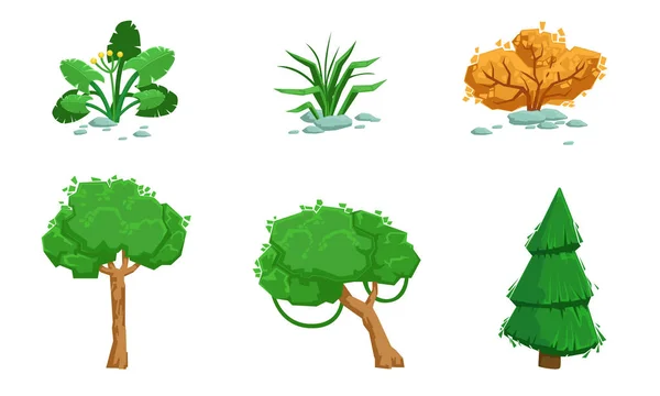 Natur Landschaft Elemente gesetzt, Sommer und Herbst Bäume, Pflanzen, Gras Vektor Illustration — Stockvektor