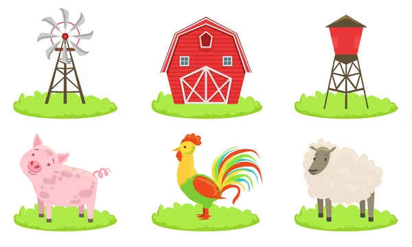 Different Farm Elements Set, Farm Animals, Wind Turbine, Barn, Silo Tower Vector Illustration — ストックベクタ