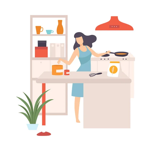 La donna sta cucinando in una padella. Illustrazione vettoriale . — Vettoriale Stock