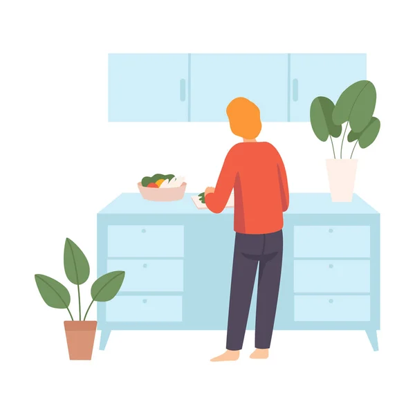 La persona taglia verdure in una cucina azzurra. La vista dal retro. Illustrazione vettoriale . — Vettoriale Stock