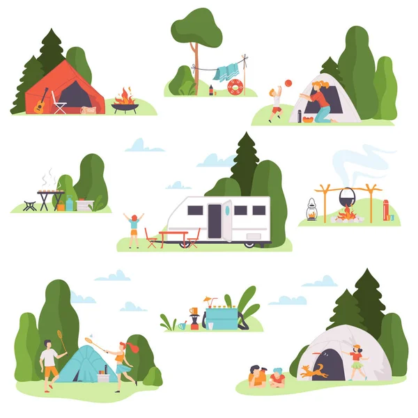 Set of holiday pictures at the campsite. Vector illustration. — ストックベクタ