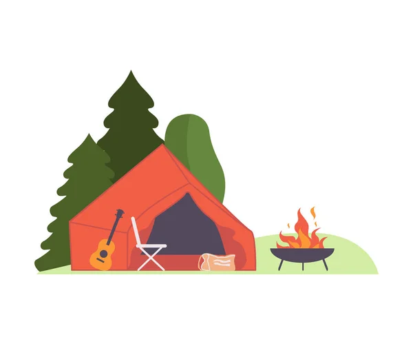Rotes Zelt in den Wäldern um das Feuer. Vektorillustration. — Stockvektor