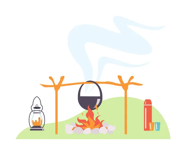 Bowler hat hangs over a bonfire. Vector illustration. — Stock Vector