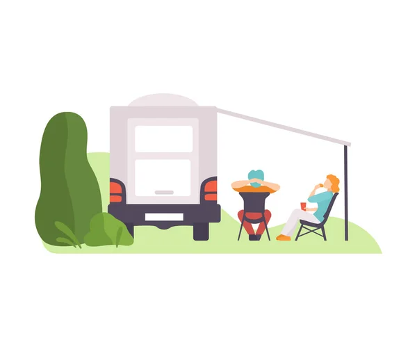 People are sitting under a canopy near the van. Vector illustration. — Stock Vector