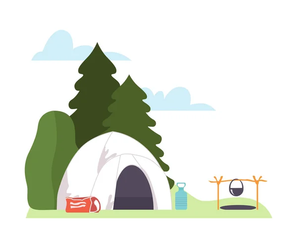 White tent and hearth in the meadow. Vector illustration. — Stock Vector