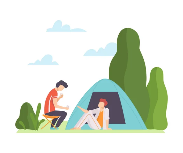 Two men are drinking near the tent. Vector illustration. — ストックベクタ