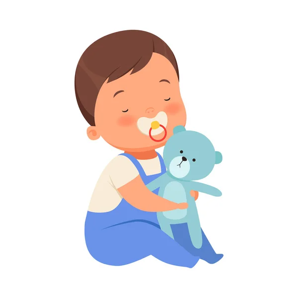 Garçon avec des ours en peluche jouet est assis. Illustration vectorielle sur fond blanc . — Image vectorielle