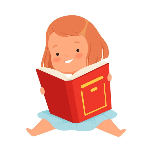 Chica sentada con un libro rojo. Ilustración vectorial sobre fondo blanco . — Vector de stock