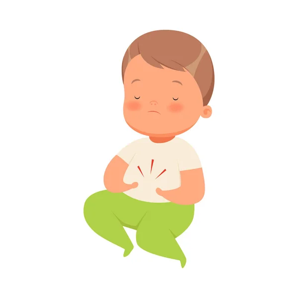 Kleine jongen houdt zich vast aan zijn maag. Vector illustratie op een witte achtergrond. — Stockvector