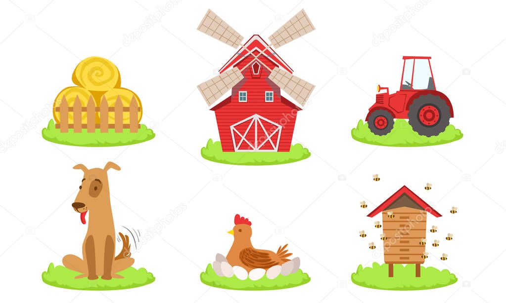 Different Farm Elements Set, Farm Animals, Windmill, Tractor, Beehive and Hay Vector Illustration