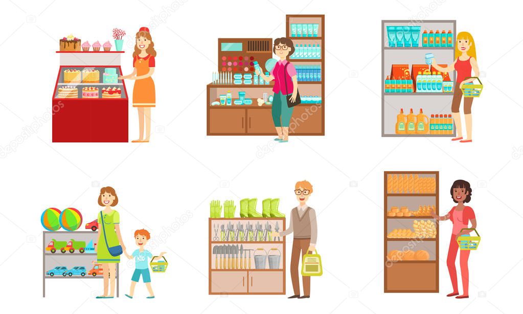 People Shopping at the Supermarket Set, Men and Women Buying Cosmetics, Groceries, Toys, Garden Equipment, Shopping Mall Center Interior Vector Illustration