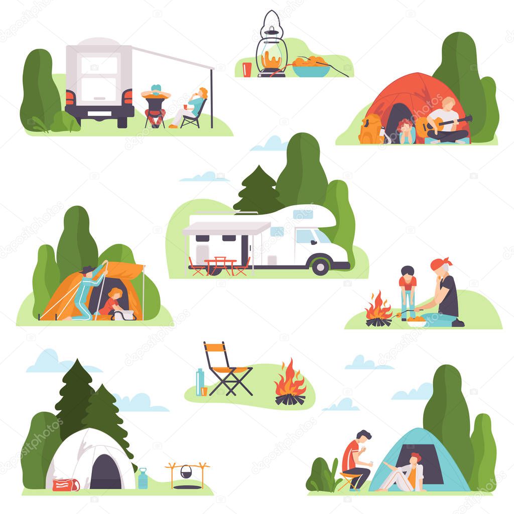Set of different types of recreation at the campsite. Vector illustration.