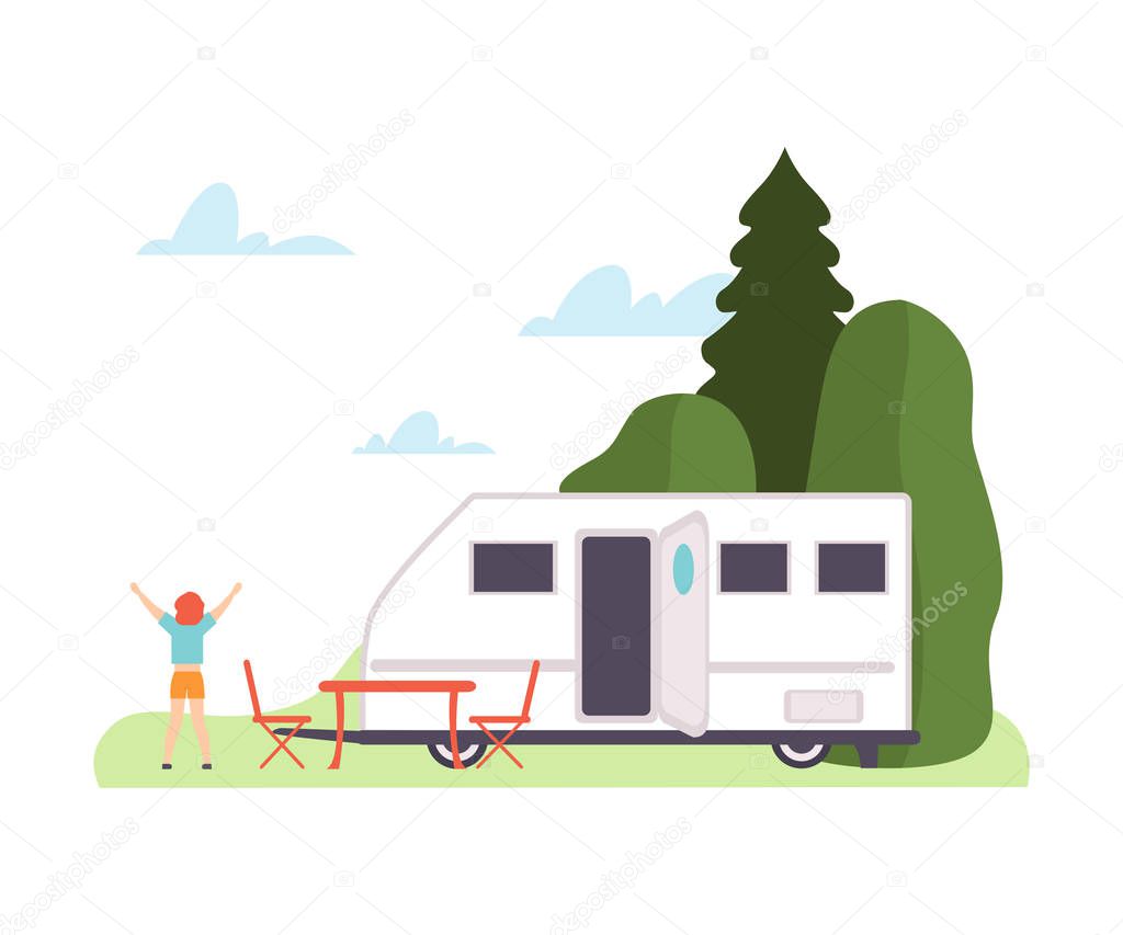 Man does exercises near the trailer. Vector illustration.
