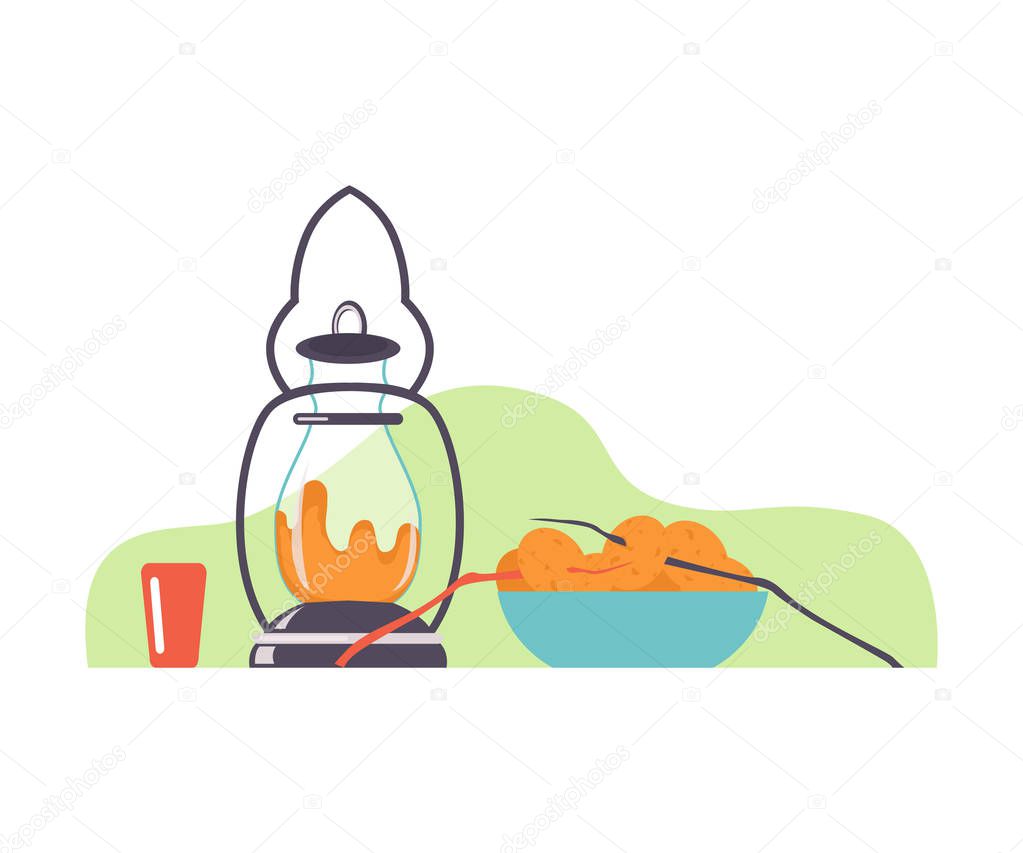 Lantern and cup with potatoes in a clearing. Vector illustration.