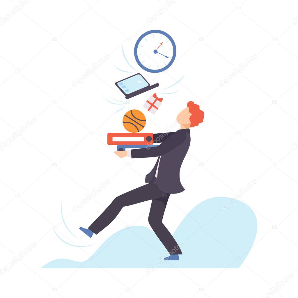 Man in a suit carries a large stack of different objects. Vector illustration.