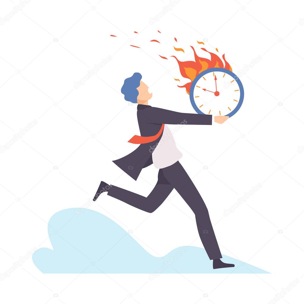 Man runs with a burning clock. Vector illustration.