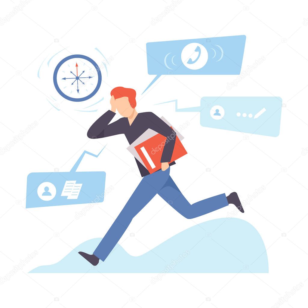 Man runs with a folder and clings to his head. Vector illustration.