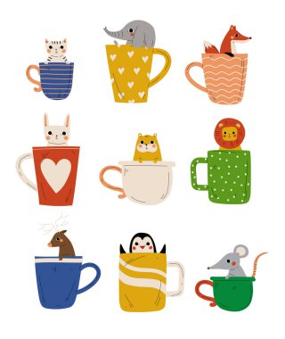 Çay fincanlarında şirin hayvan koleksiyonu, sevimli kedi yavrusu, fil, tilki, tavşan, hamster, aslan, geyik, penguen, fare fincanda oturan fare karakterleri.