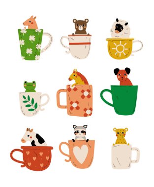 Collection of Cute Animals in Teacups, Adorable Little Pig, Bear, Lamb, Frog, Horse, Dog, Cow, Raccoon, Tiger Characters Sitting in Coffee Mug Cartoon Vector Illustration