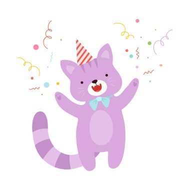 Şirin mor kedi. Beyaz arkaplanda vektör illüstrasyonu.