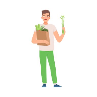 Adamın elinde bir torba sebze var. Vektör illüstrasyonu.