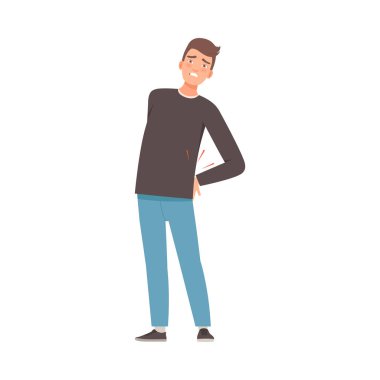 Esmer adam sırtı ağrıyan birine tutunuyor. Vektör illüstrasyonu.