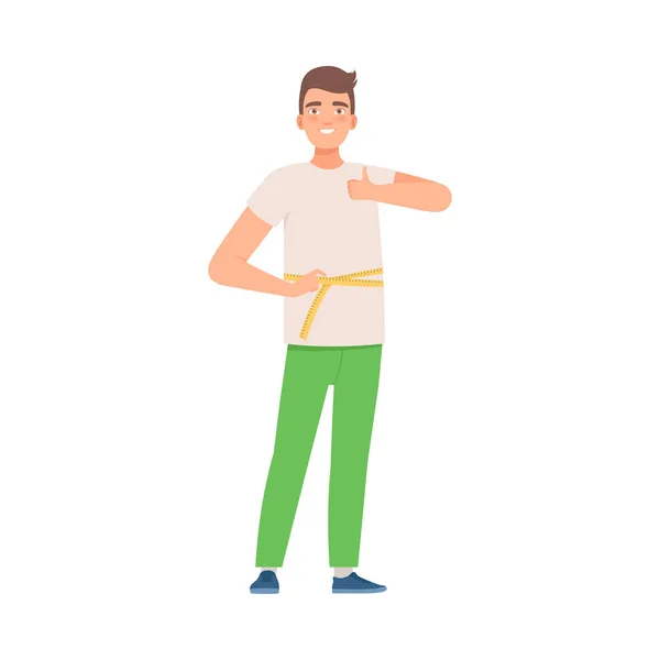 Brunette man measures the waist. Vector illustration. — Stock Vector