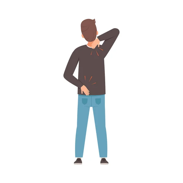 Man holds on to a sore neck and lower back. Vector illustration. — Stock Vector