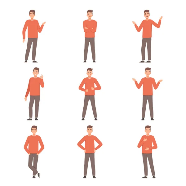 Le jeune homme est debout dans différentes poses. Illustration vectorielle dans le style dessin animé . — Image vectorielle