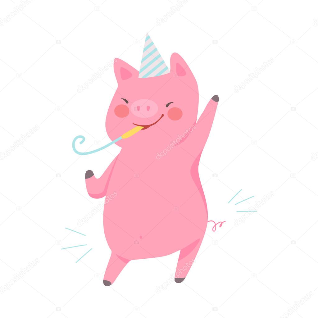 Cartoon joyful pig. Vector illustration on a white background.