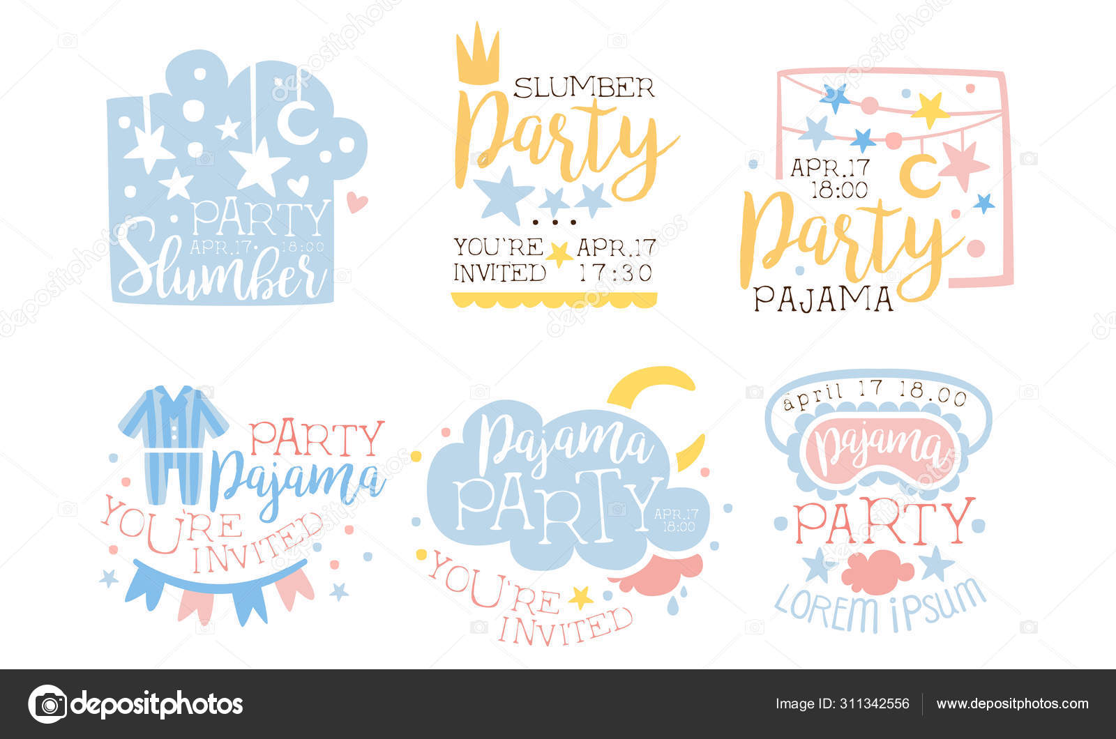 Pyjama Party Einladungskarte Vorlagen Gesetzt Schlummerparty Sie Sind Eingeladen Vektor Illustration Stockvektor C Topvectors