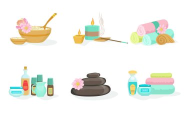Spa tedavisi için gerekli aletler. Vektör illüstrasyonu.
