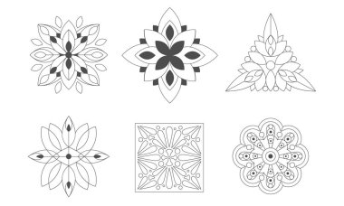 Geometrik Şekillerin Süslü Grafiksel Çiçekleri Seti, Tek Renkli Çiçek Dekorasyonu Vektör Resimleri