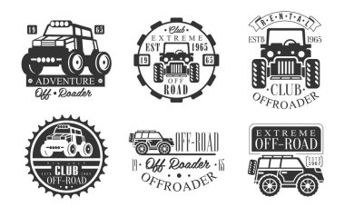 Offroader Extreme Club Retro Logo Set, Off Road Adventures Monochrome Rozet Vector Illustration