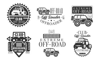 Offroader Club Retro Logo Set, Off Road Adventures Monochrome Rozet Vektör İllüstrasyonu