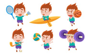 Çocuk Farklı Spor Seti, Çocuk Boksu, Hokey, Badminton, Basketbol, Voleybol, Kaldırma Halter İllüstrasyonu