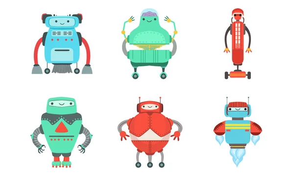 Een set robots met een leuke glimlach. Vectorillustratie. — Stockvector