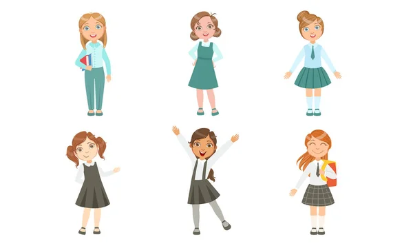 Conjunto de imágenes de niñas colegialas en uniforme. Ilustración vectorial . — Archivo Imágenes Vectoriales