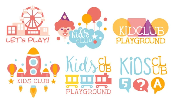 Niños Land Club Logo Set, Playiground, Centro de Educación para Niños Etiquetas Coloridas Vector Ilustración — Vector de stock