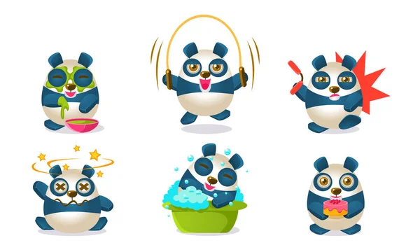 Lindo conjunto de personajes de pandas, adorables animales humanizados chinos en diferentes situaciones Vector Illustration — Archivo Imágenes Vectoriales