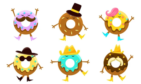 Sammlung von Donuts Cartoonfiguren, humanisierte glasierte Donuts mit verschiedenen lustigen Gesichtern Vektor-Illustration — Stockvektor