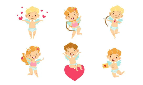 Happy Baby Angels com Asas Set, Adoráveis meninos e meninas Cupidos Desenhos Animados Personagens Vetor Ilustração — Vetor de Stock