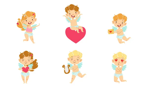 Cute Baby Angels with Wings Set, Happy Adorable Boys And Girls Cupids Personagens de desenhos animados Ilustração vetorial — Vetor de Stock