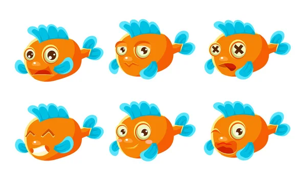 Peixe alaranjado engraçado com jogo diferente das emoções, ilustração bonito do vetor do caráter dos desenhos animados da criatura do mar — Vetor de Stock