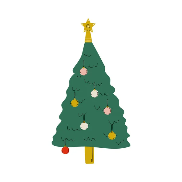 Albero di Natale con decorazioni, Felice anno nuovo simbolo vettoriale Illustrazione — Vettoriale Stock
