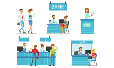 Banka Yöneticileri ve Müşterileri Seti, Bankacılık Servisi, Banka Ofisinde Duran ve Para Vektörü İllüstrasyonuyla Finansal Operasyonlar Yapan İnsanlar