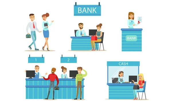 Bank Managers and Clients Set, Banking Service, People Standing at the Bank Office and Making Financial Operations with Money Vector Illustration — Stock Vector