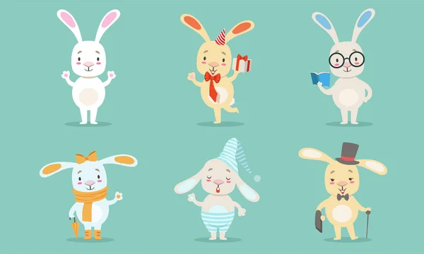 Niedlichen kleinen Hasen Zeichen gesetzt, entzückende Kaninchen in verschiedenen Situationen Vektor Illustration — Stockvektor