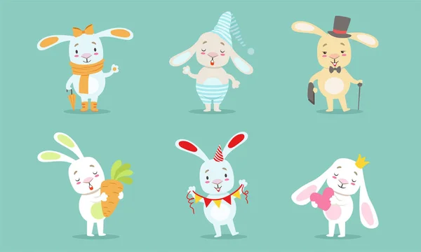 Симпатичний набір персонажів маленьких зайчиків, чарівні щасливі кролики в різних ситуаціях Векторні ілюстрації — стоковий вектор
